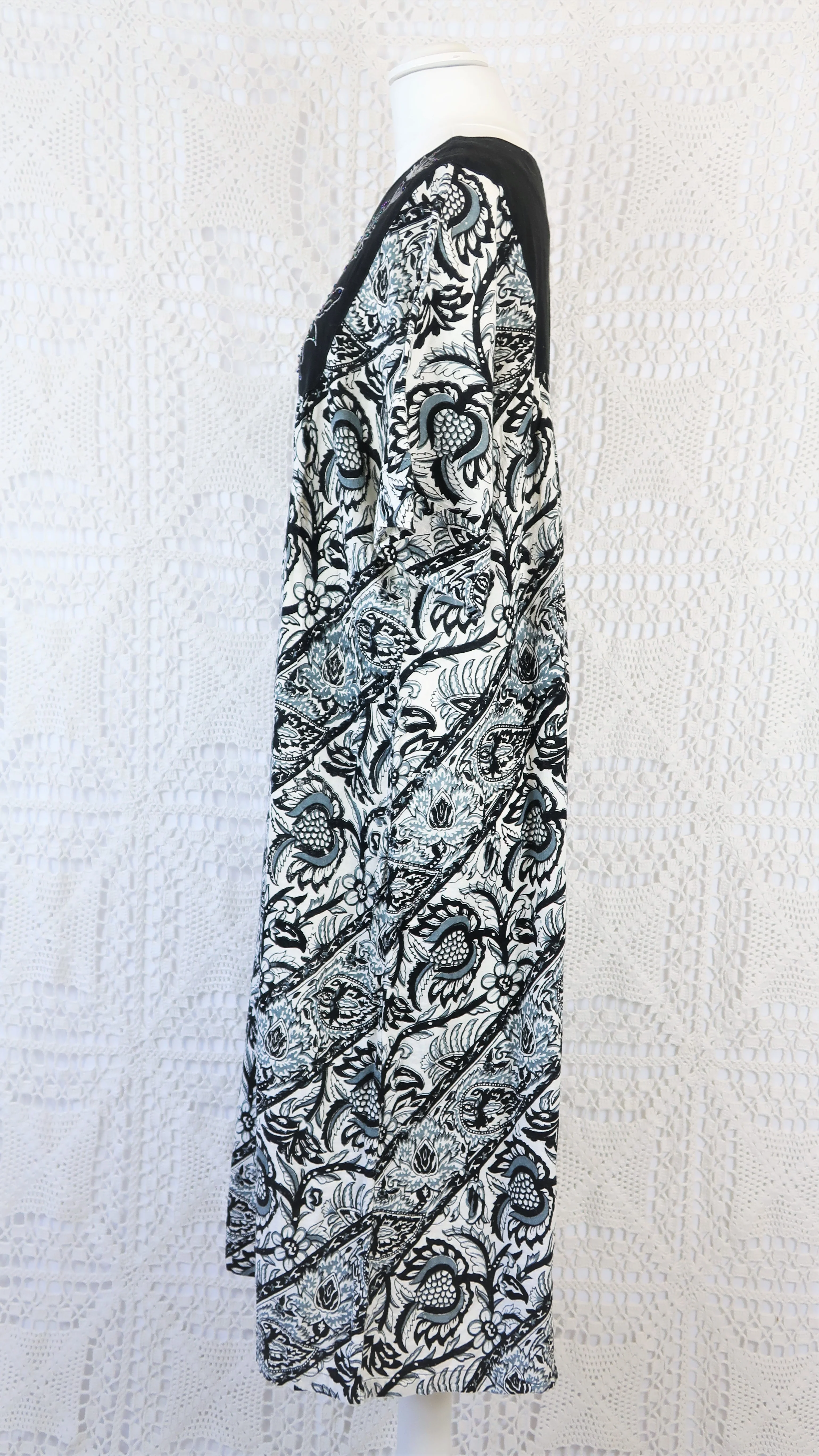 Vintage Indian Cotton Smock Dress - Black & White Embroidered Floral - Free Size S to XXL - Image 7