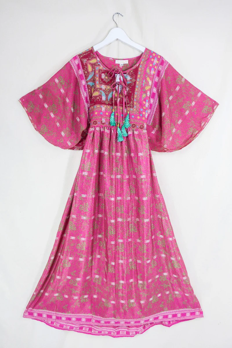 Angelica Maxi Dress - Vintage Sari - Embroidered Jewel Pink - Free Size S/M