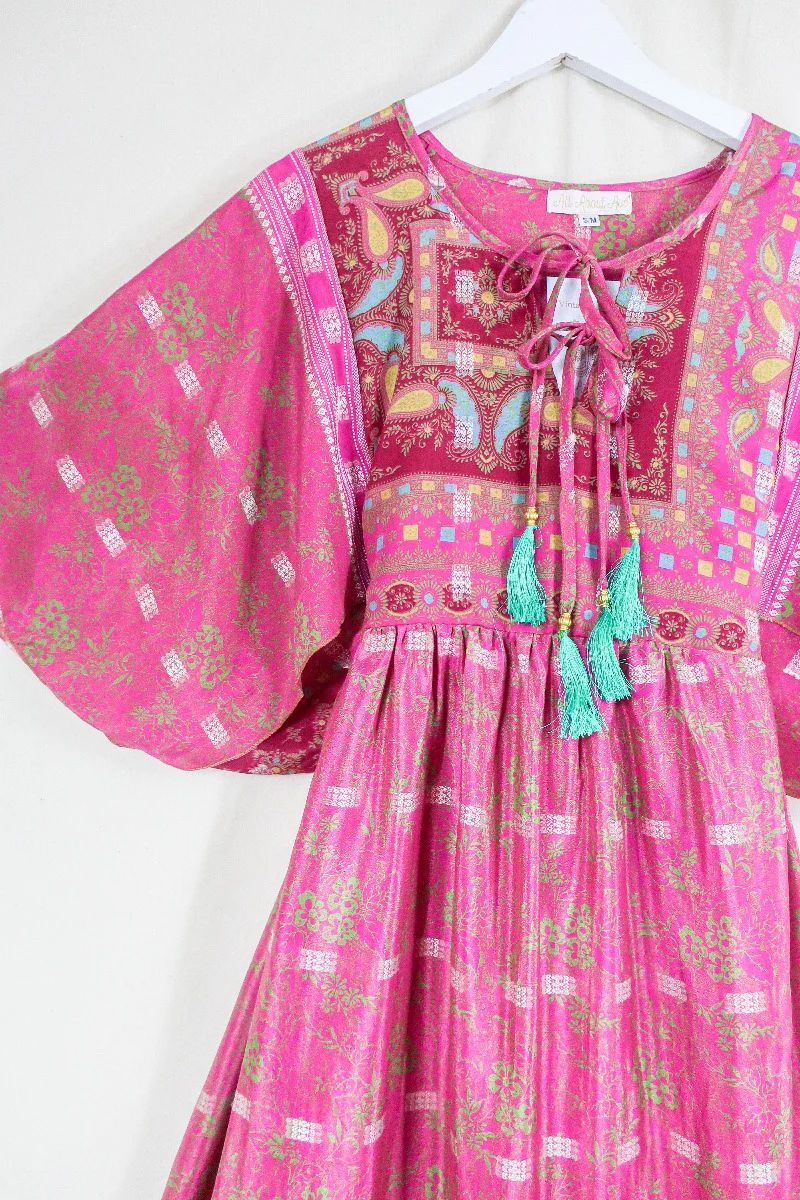 Angelica Maxi Dress - Vintage Sari - Embroidered Jewel Pink - Free Size S/M - Image 2