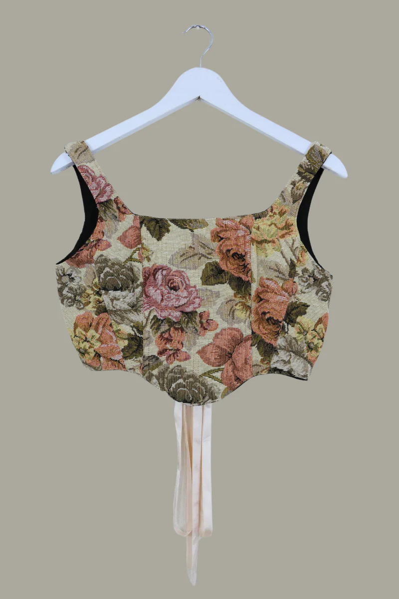 Antoinette Tapestry Corset in Dried Dahlia Bouquet with Satin Ribbon - Image 2