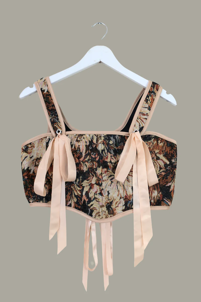 Antoinette Tapestry Corset in Woven Black Wildflowers