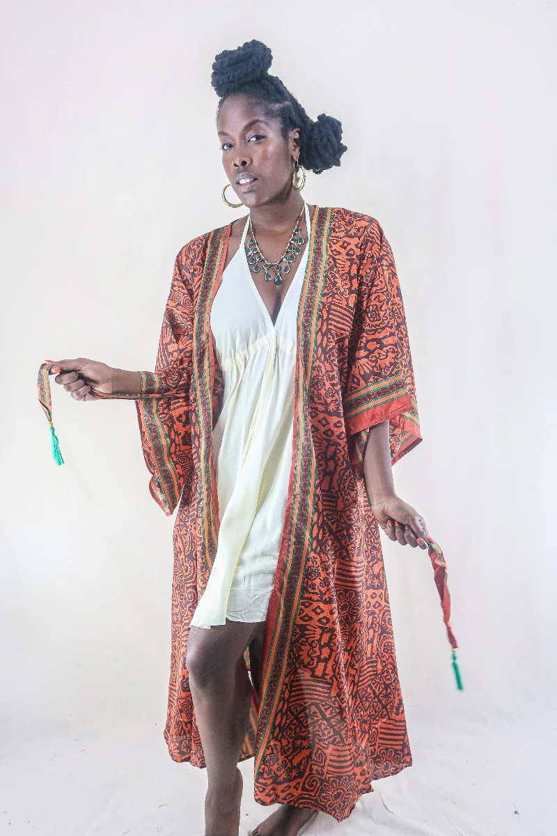 Aquaria Robe Dress - Vintage Sari - Umber & Goldstone - Free Size XXL