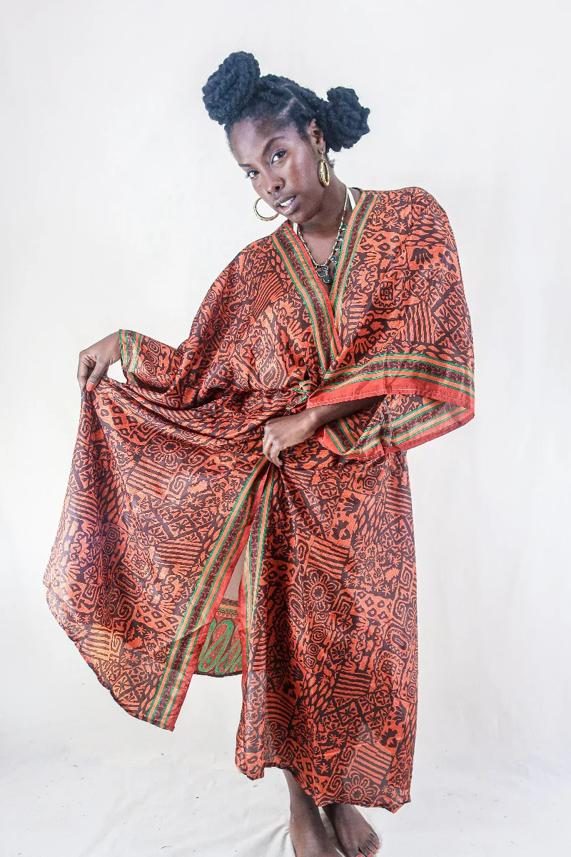 Aquaria Robe Dress - Vintage Sari - Umber & Goldstone - Free Size XXL - Image 3