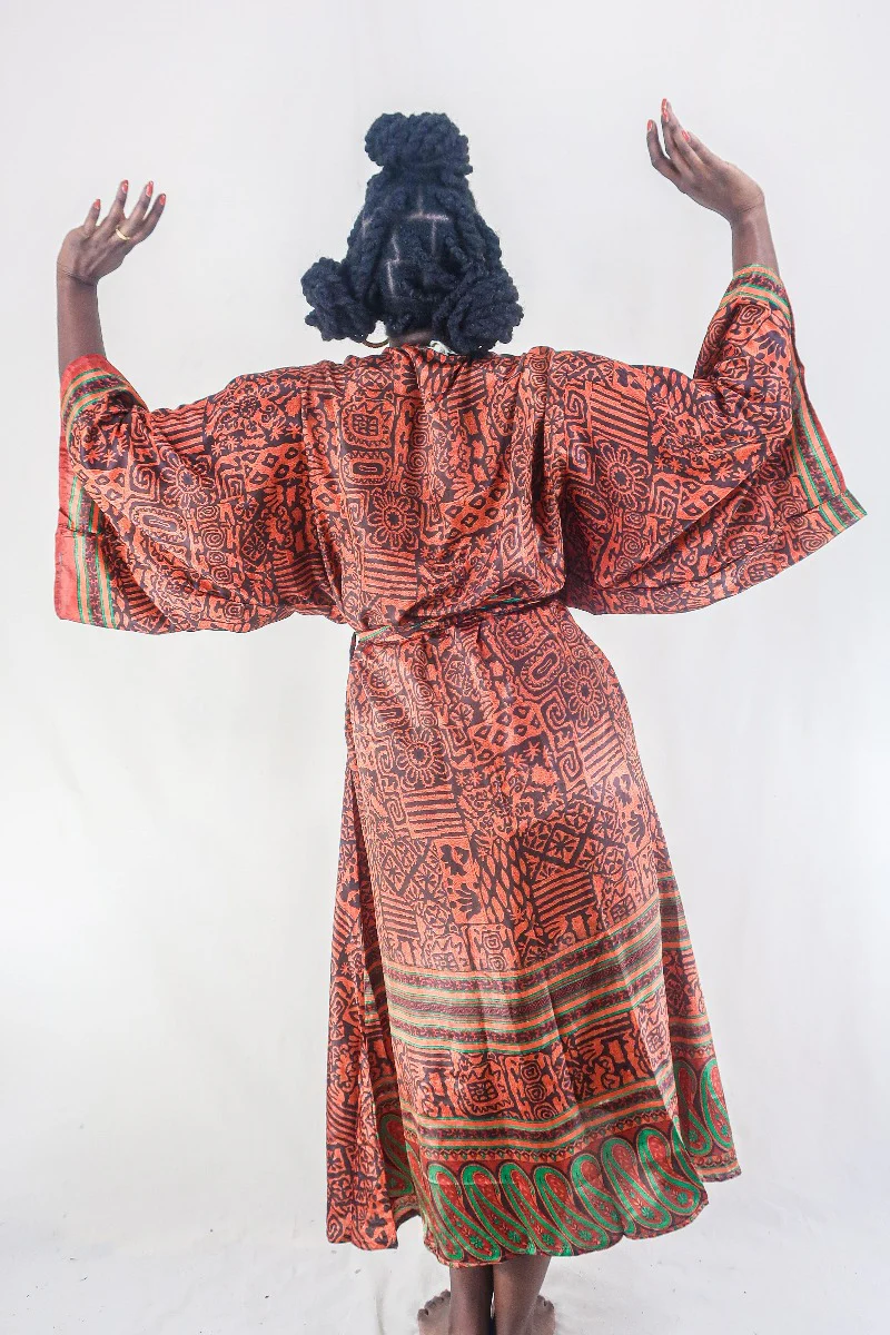 Aquaria Robe Dress - Vintage Sari - Umber & Goldstone - Free Size XXL - Image 4