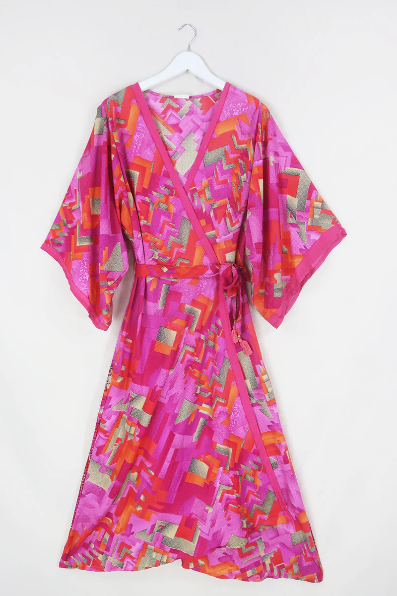 Aquaria Robe Dress - Pink Peach Mosaic - Vintage Sari - Free Size M/L