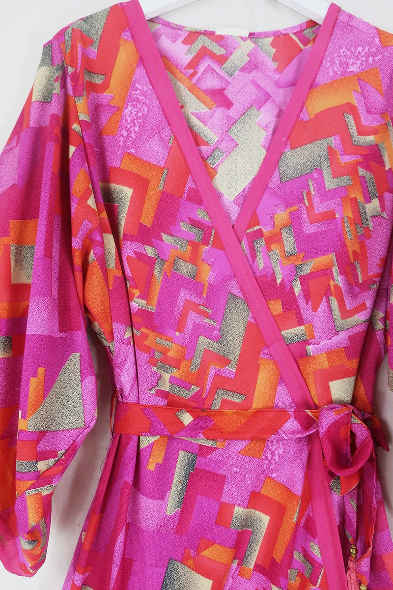 Aquaria Robe Dress - Pink Peach Mosaic - Vintage Sari - Free Size M/L - Image 2
