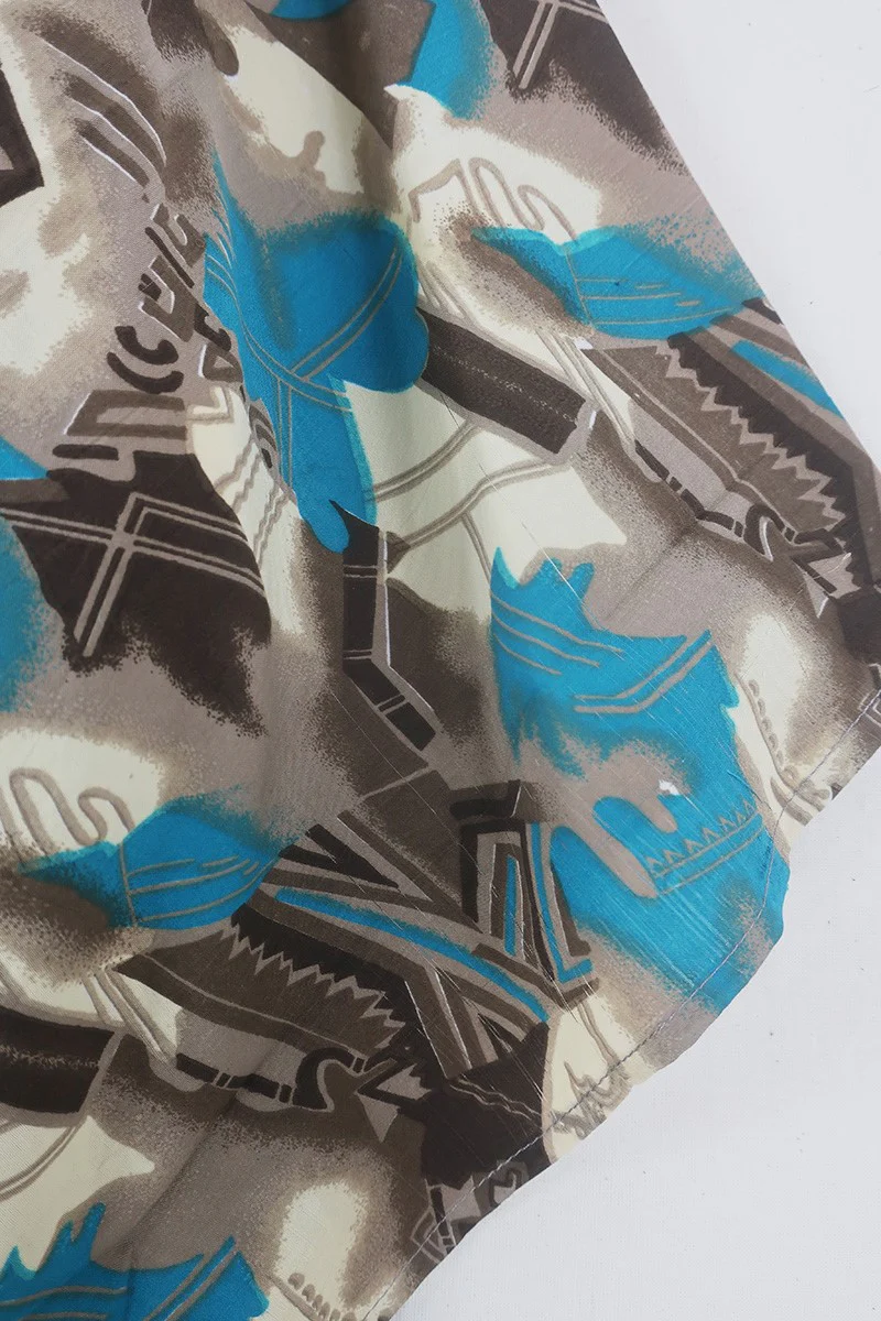 Aquaria Robe Dress - Teal & Taupe Abstract Fragments - Vintage Sari - Free Size M/L - Image 4