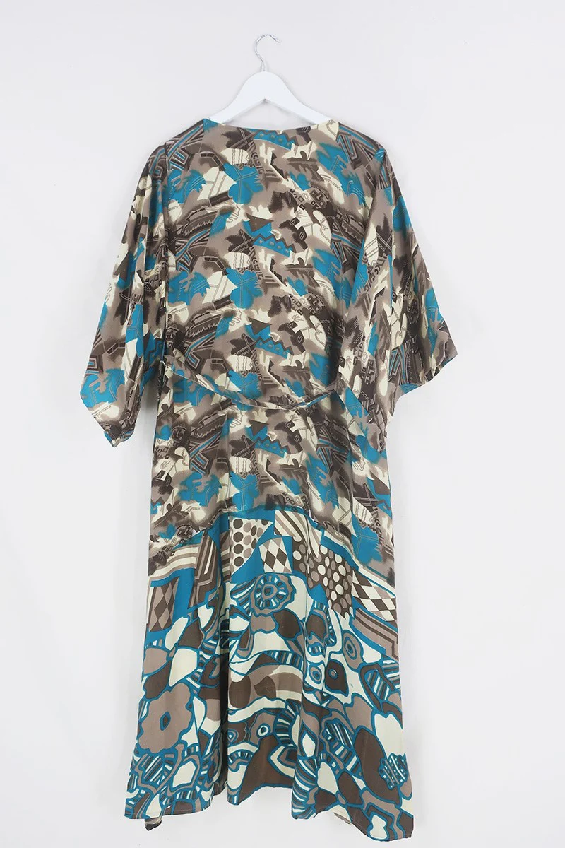 Aquaria Robe Dress - Teal & Taupe Abstract Fragments - Vintage Sari - Free Size M/L - Image 5