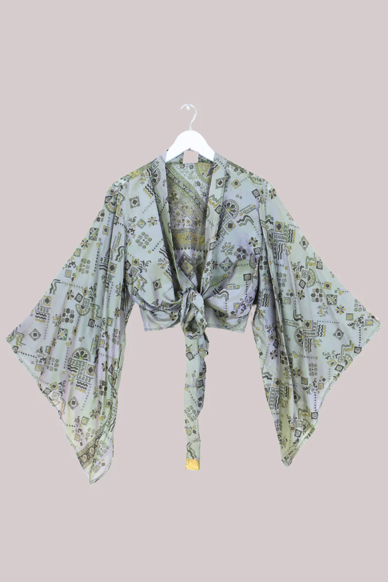 Aries Vintage Silk Wrap Top - Sage & Gold Motif - Size XL