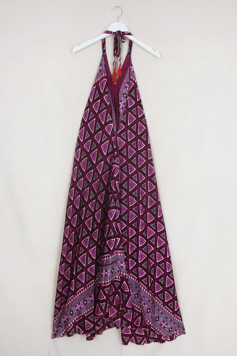 Athena Maxi Dress - Vintage Sari - Bright Berry Psychedelic - Free Size M/L - Image 3