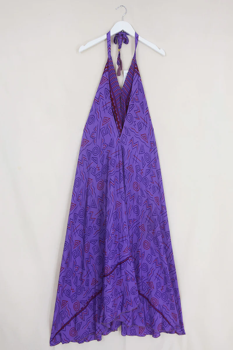 Athena Maxi Dress - Vintage Sari - Purple Grape Swirl - Free Size M/L - Image 3
