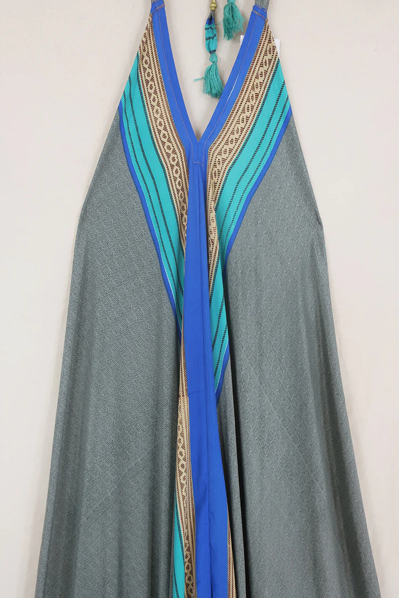 Athena Maxi Dress - Vintage Sari - Silver Stripe - Free Size S/M - Image 2