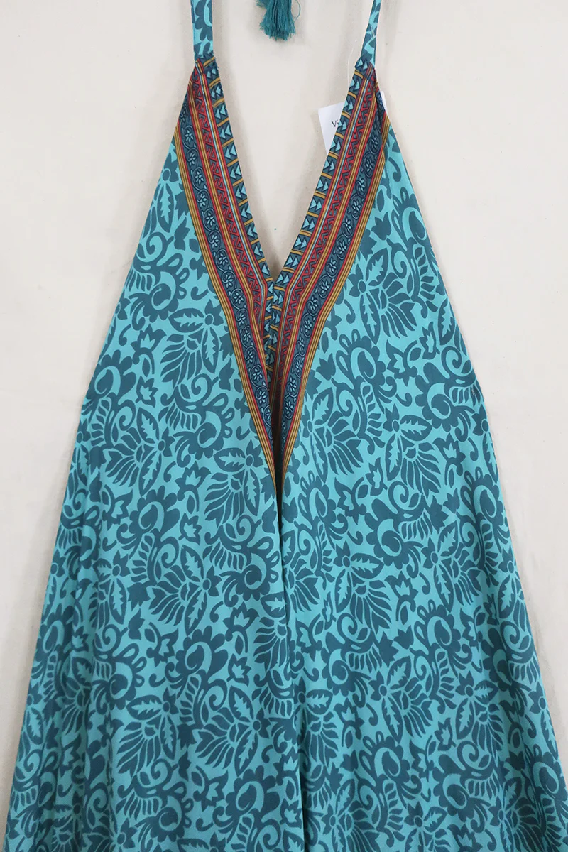 Athena Maxi Dress - Vintage Sari - Stone Blue & Rust - Free Size S/M - Image 2