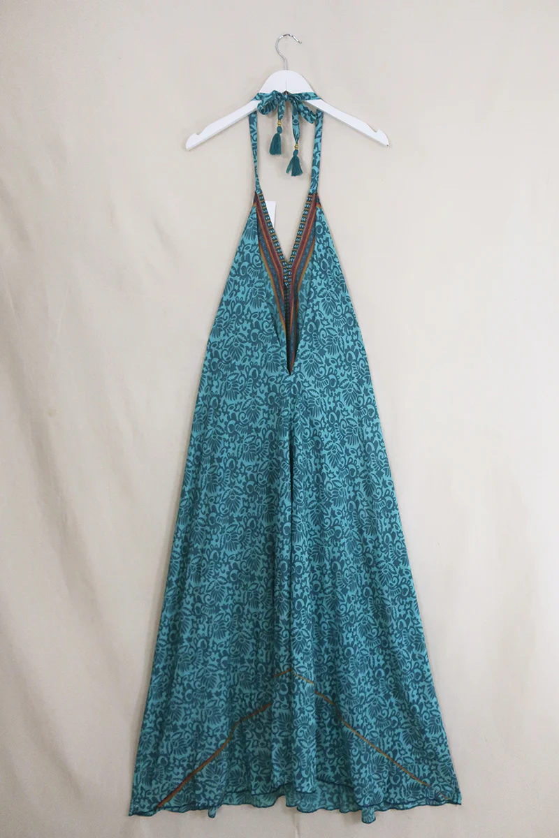 Athena Maxi Dress - Vintage Sari - Stone Blue & Rust - Free Size S/M - Image 3