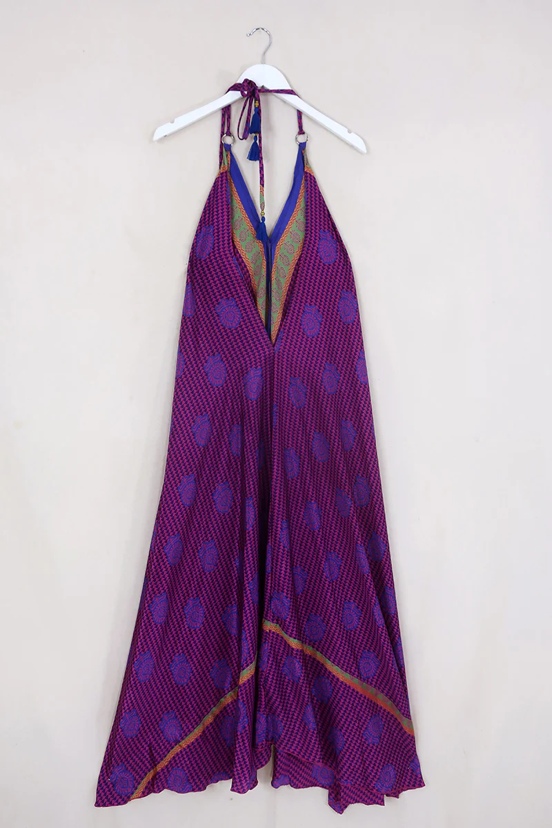 Athena Maxi Dress - Vintage Sari - Blueberry & Violet Tiles - M to L/XL - Image 2