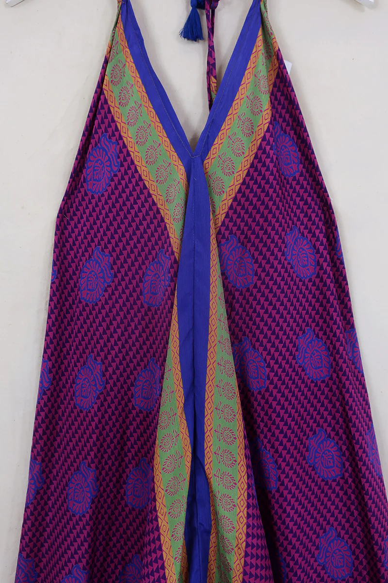Athena Maxi Dress - Vintage Sari - Blueberry & Violet Tiles - M to L/XL - Image 3