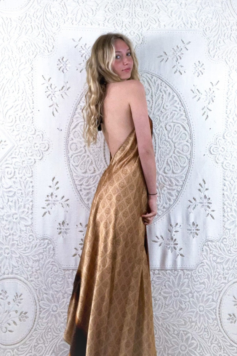 Athena Maxi Dress - Vintage Sari - Soft Gold & Bronze Tiles - S - M/L - Image 3