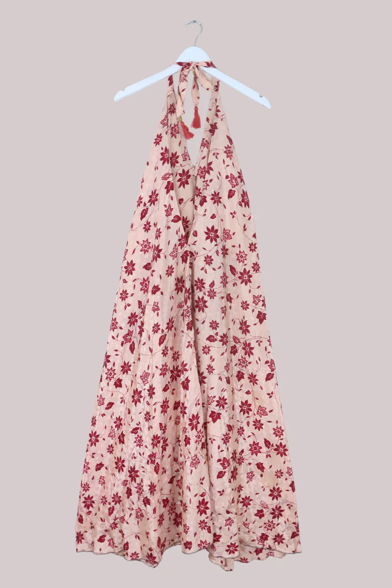 Athena Recycled Sari Maxi Dress in Cherry Red Sakura - Free Size S/M - Image 3