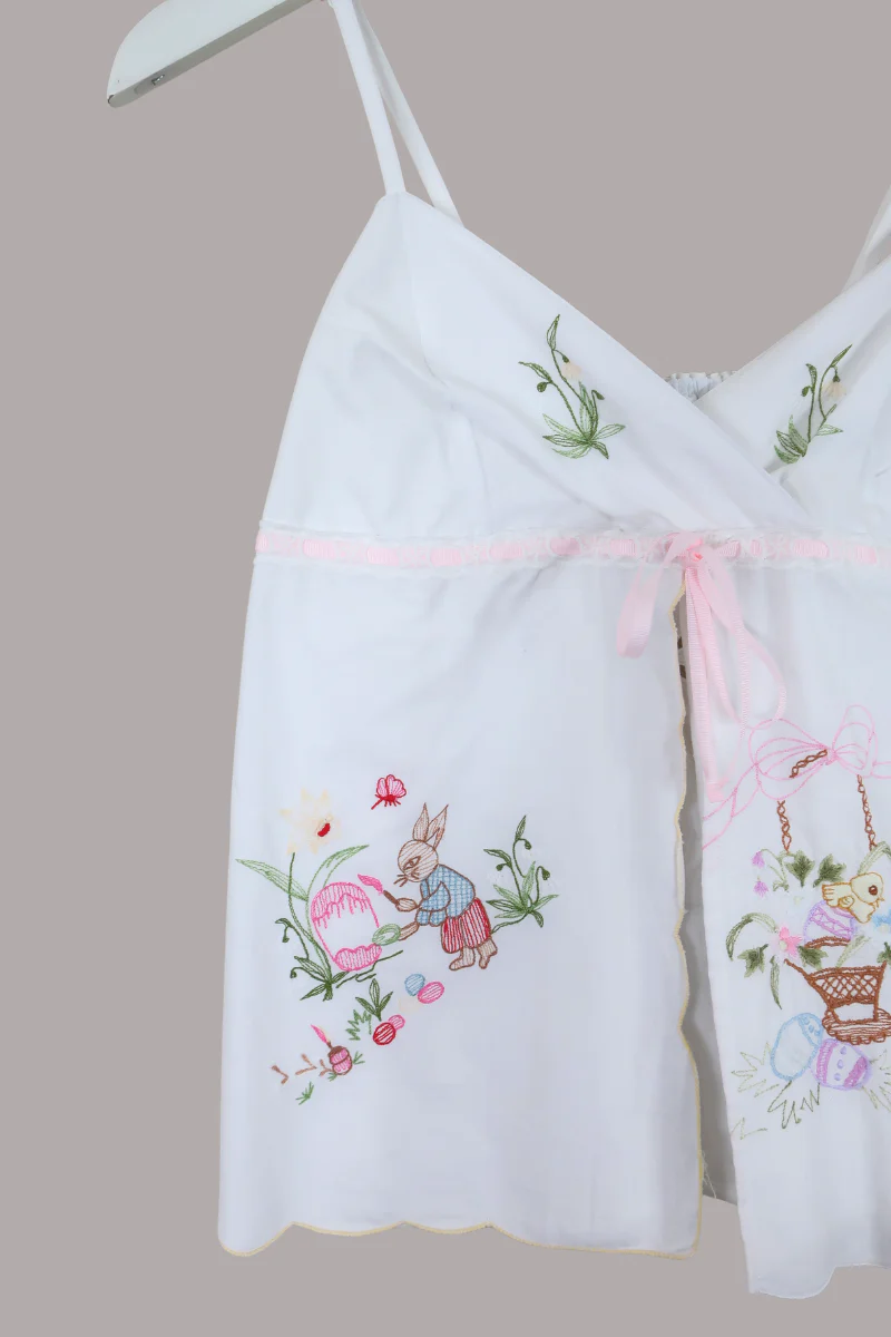Babydoll Vintage Tablecloth Top in Easter Bunny Picnic - Size XS - Image 2