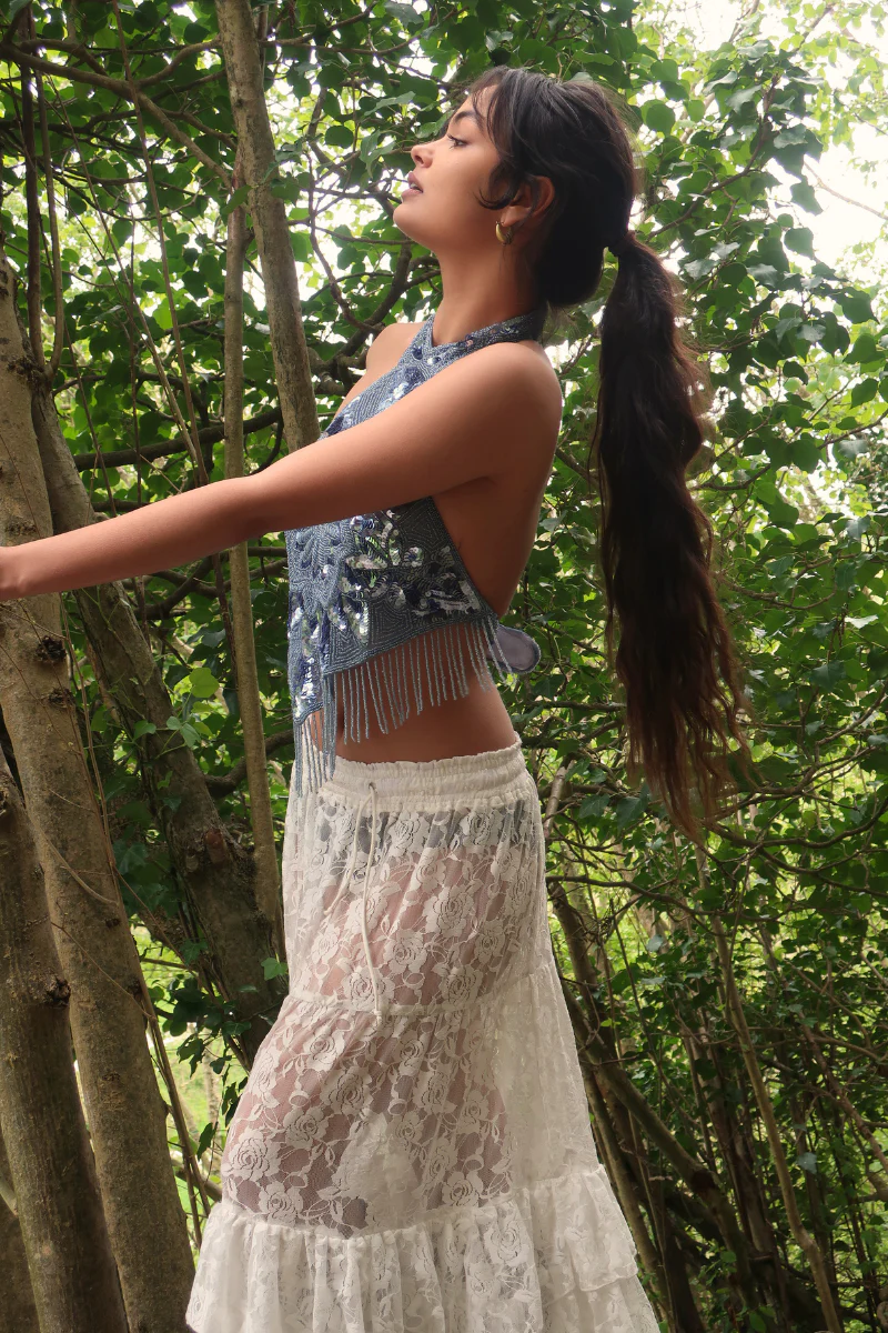 Beaded Handkerchief Halter Top in Cinderella Blue - Image 5