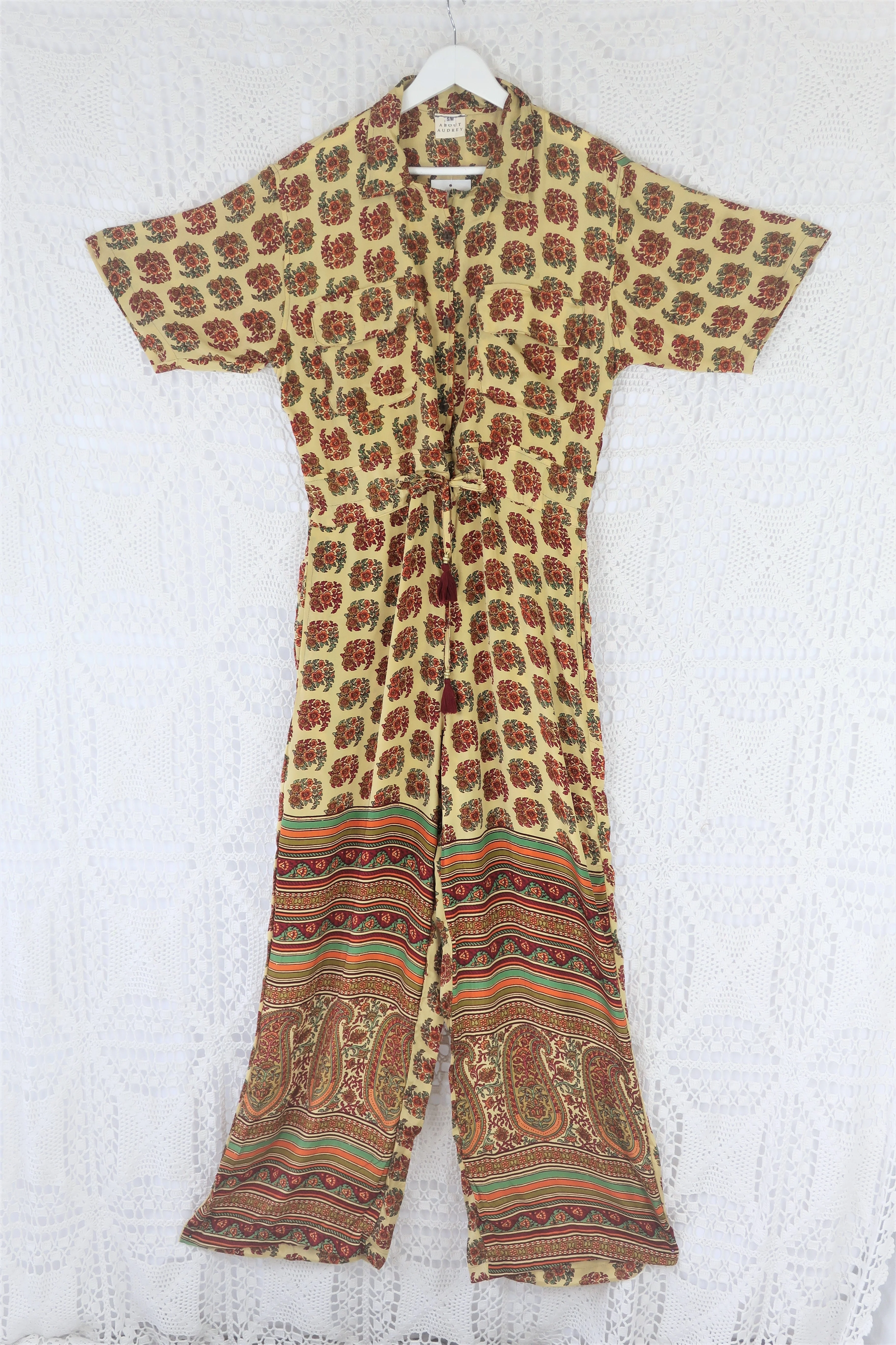Billie Jumpsuit - Vintage Indian Sari - Pistachio with Autumn Tone Florals - S/M - Image 3