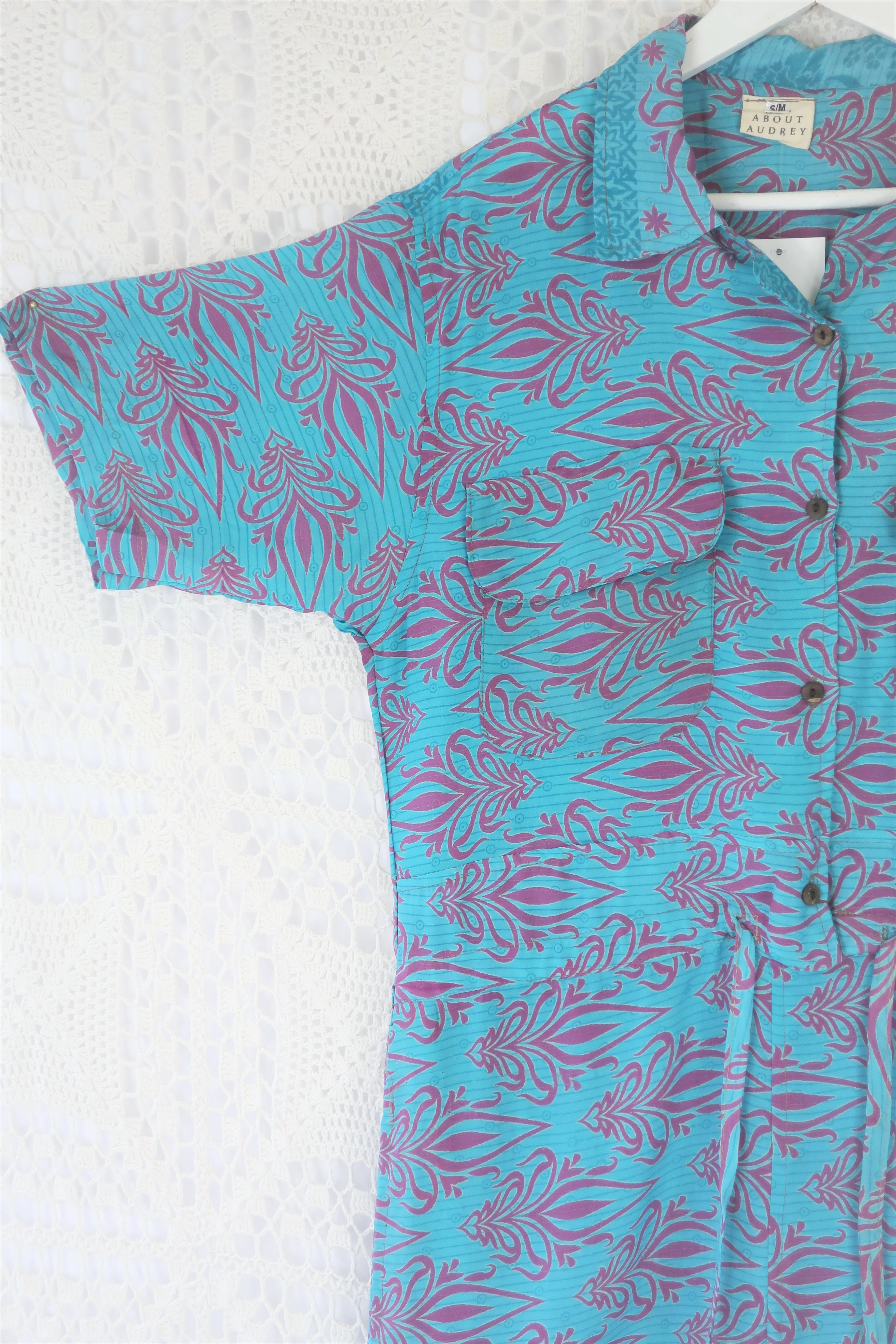 Billie Jumpsuit - Vintage Indian Sari - Sky Blue & Mauve Block Graphic Print - S/M - Image 2