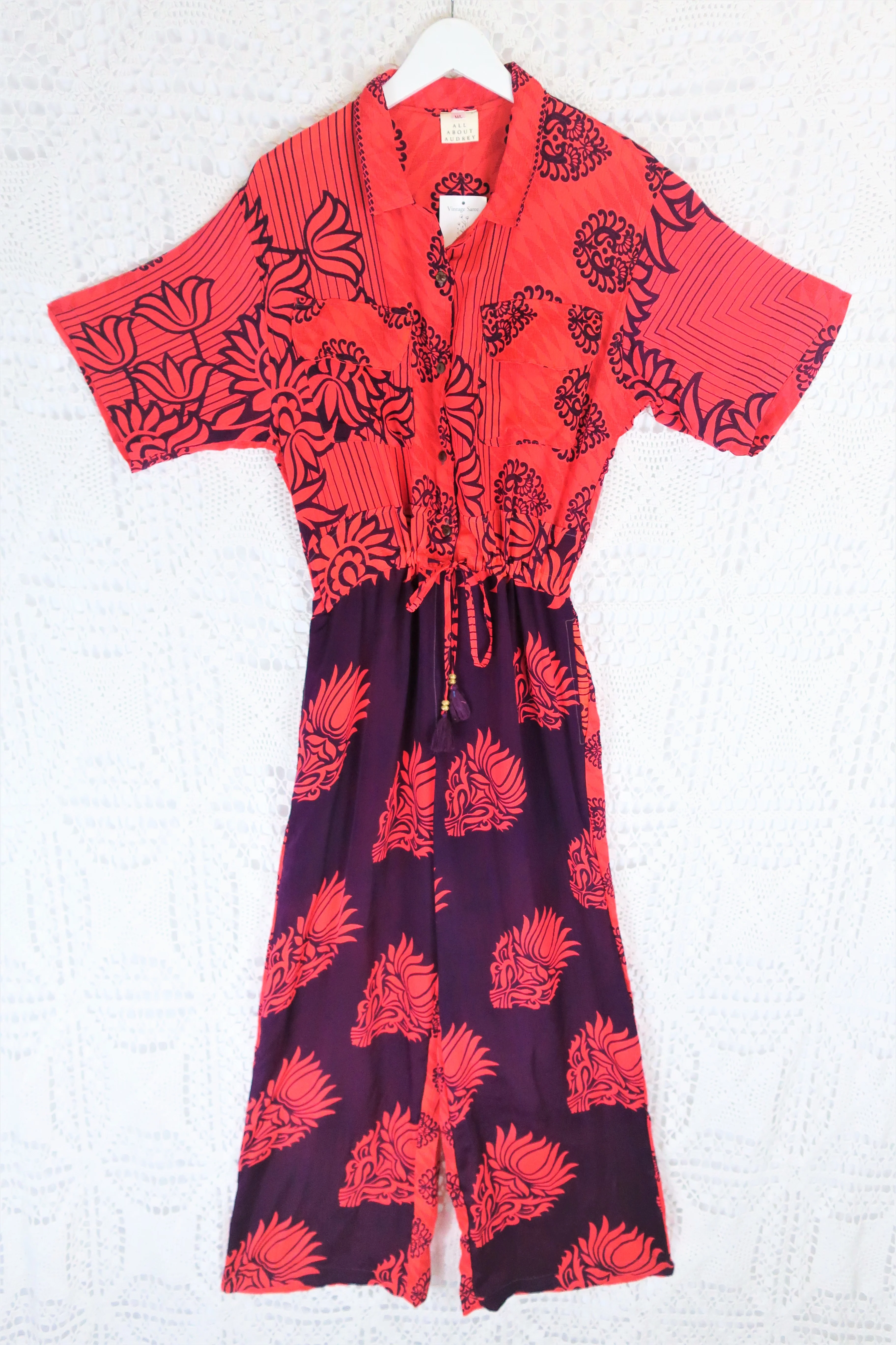 Billie Jumpsuit - Vintage Indian Sari - Sheer Aubergine & Candy Red - M/L - Image 3
