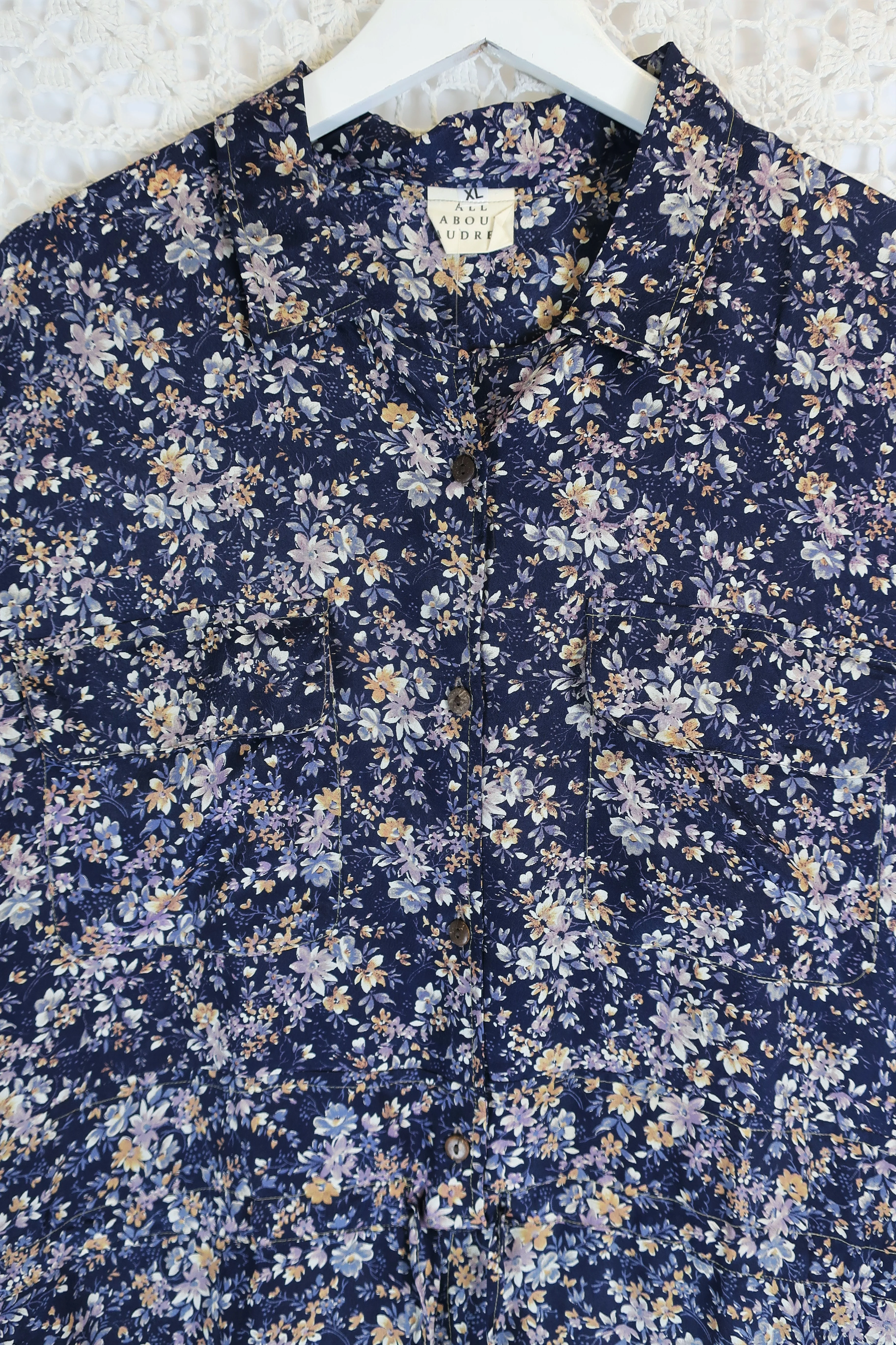 Billie Jumpsuit - Vintage Indian Sari - Midnight Blue Ditsy Floral - XL - Image 3