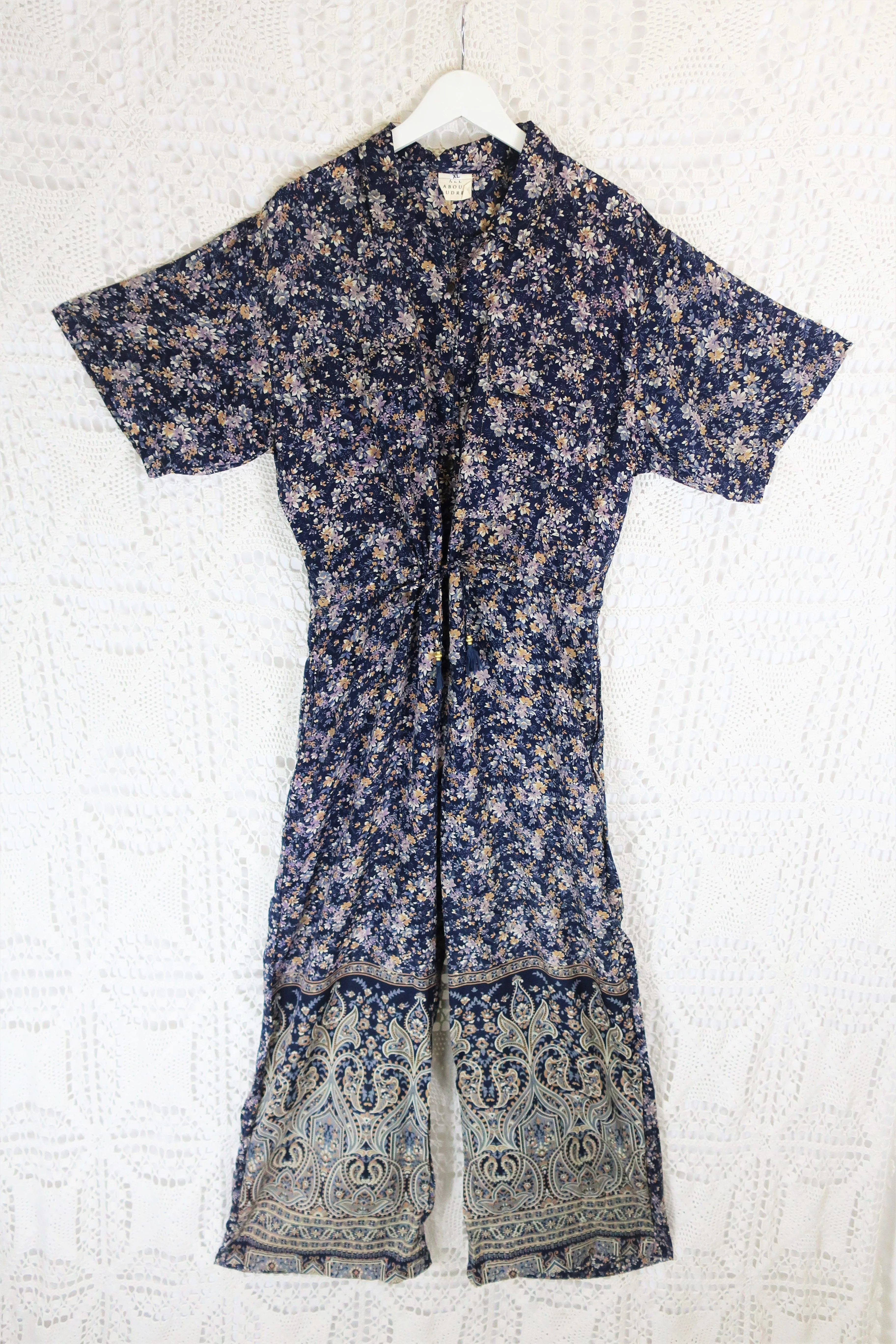 Billie Jumpsuit - Vintage Indian Sari - Midnight Blue Ditsy Floral - XL - Image 5