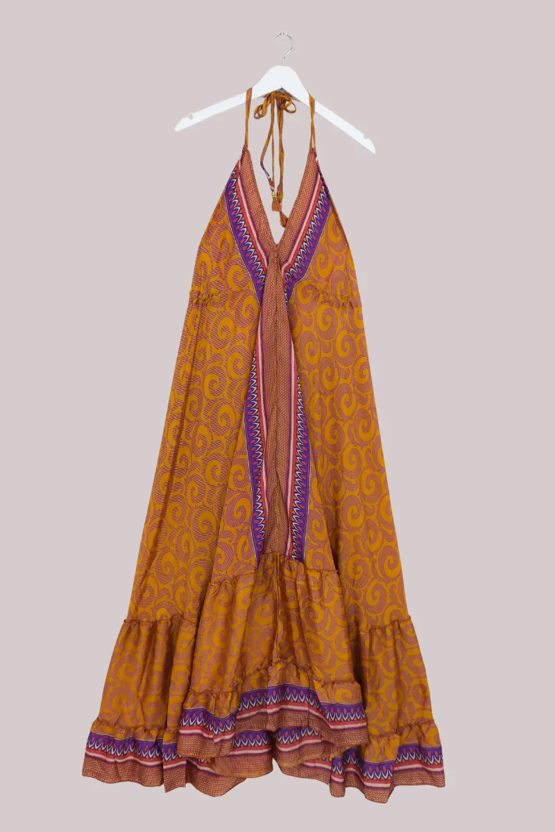Blossom Halter Maxi Dress - Golden Yellow & Purple Swirl Print - Free Size M/L