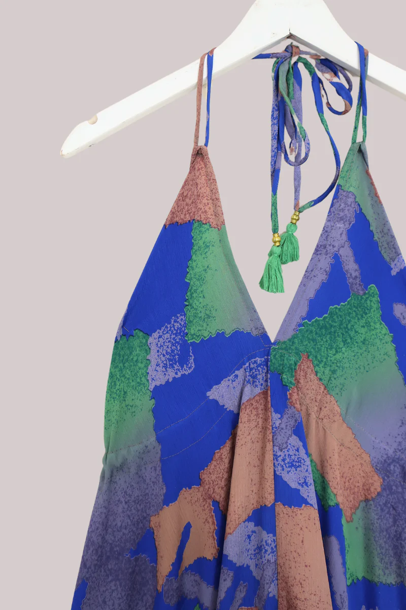 Blossom Halter Maxi Dress - Cobalt Blue & Green Brush Print  - Free Size S/M - Image 2
