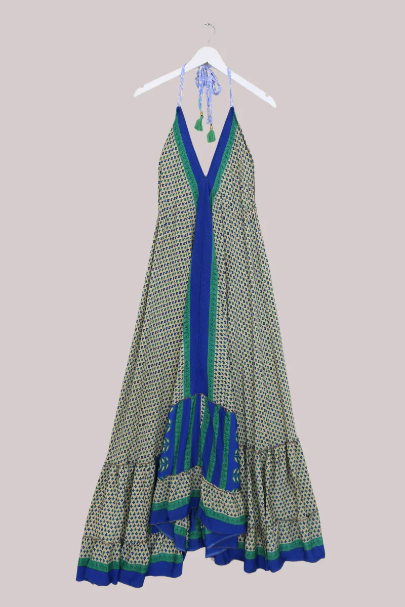 Blossom Halter Maxi Dress - Cream & Royal Blue Ditsy Print - Free Size S/M