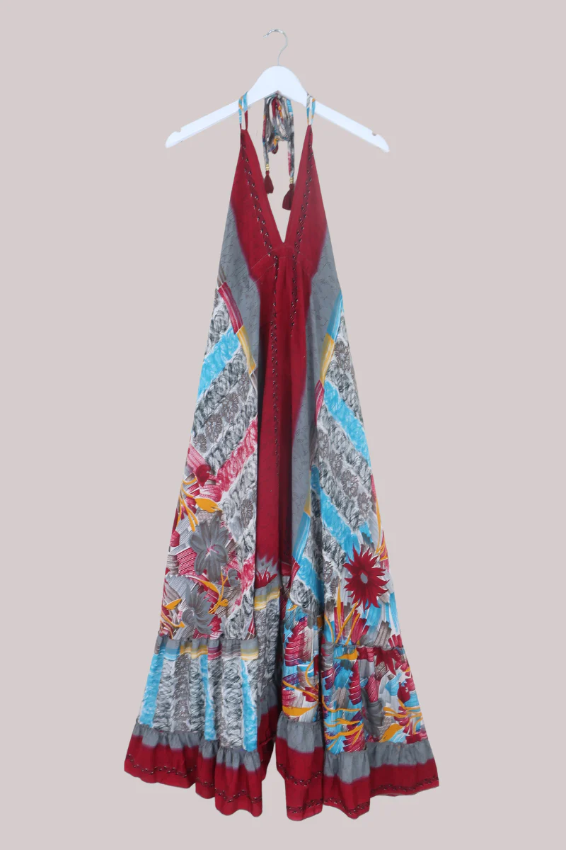 Blossom Halter Maxi Dress in Abstract Floral Paintwork - Free Size M/L