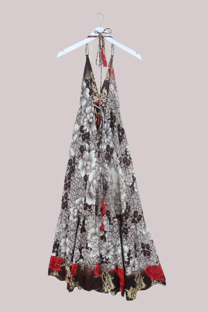 Blossom Halter Maxi Dress in Cocoa & Red Roses - Free Size L/XL - Image 3
