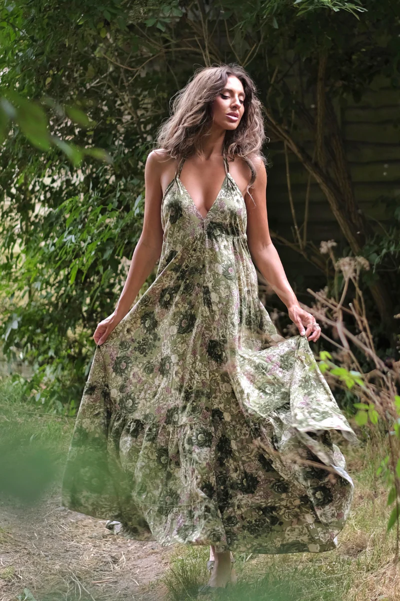 Blossom Halter Maxi Dress in Eucalyptus Green Floral - Image 3