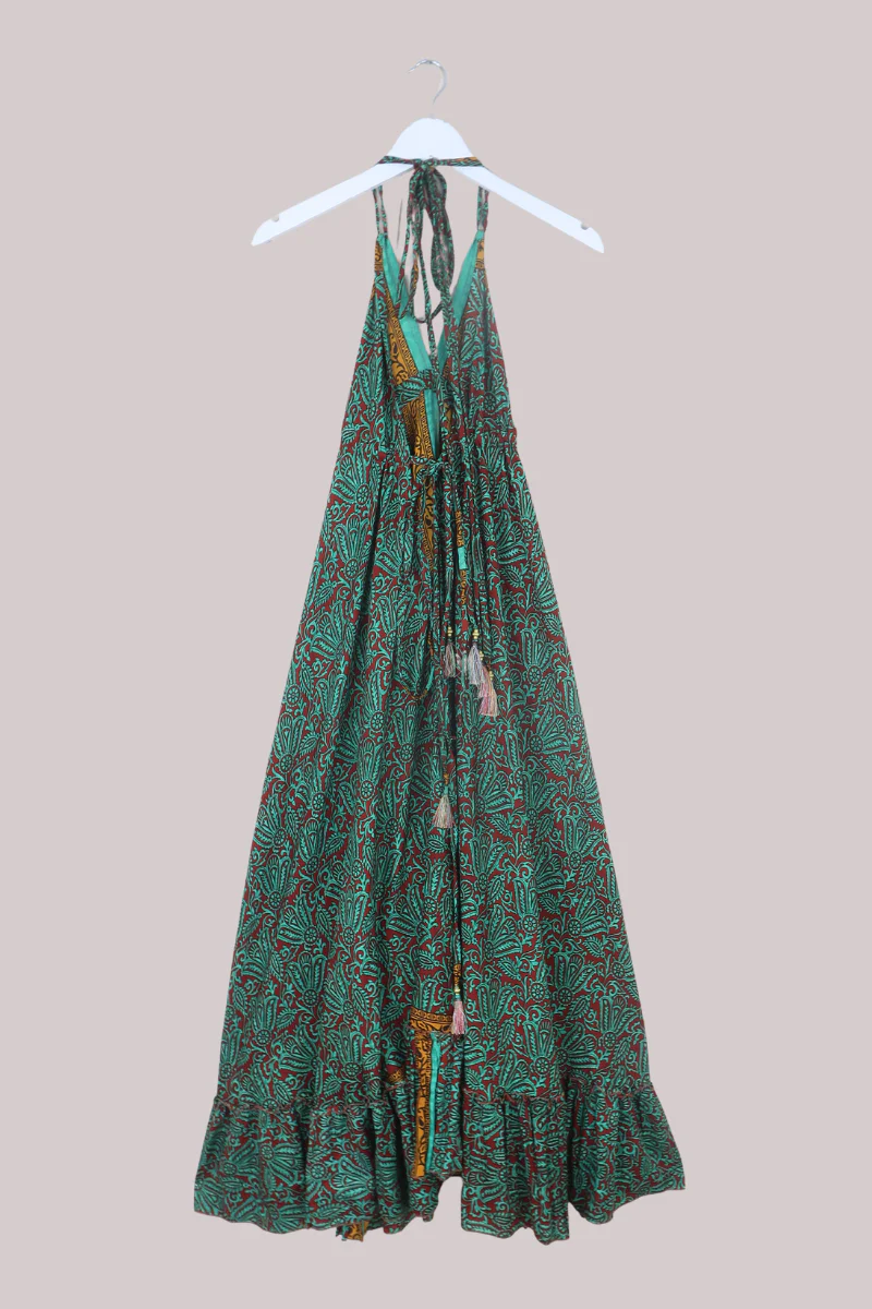 Blossom Halter Maxi Dress in Forest Green & Crimson - Free Size L/XL - Image 3