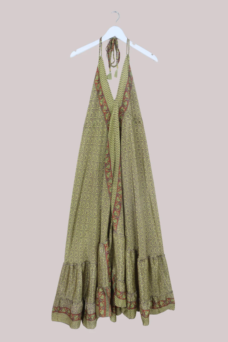 Blossom Halter Maxi Dress in Olive & Taupe - Free Size M/L