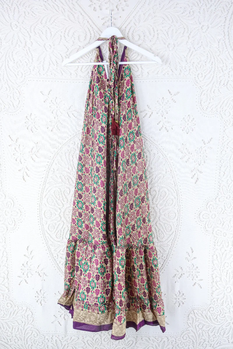 Blossom Halter Maxi Dress - Vintage Sari - Champagne, Plum & Green Mosaic - Free Size M/L - Image 3