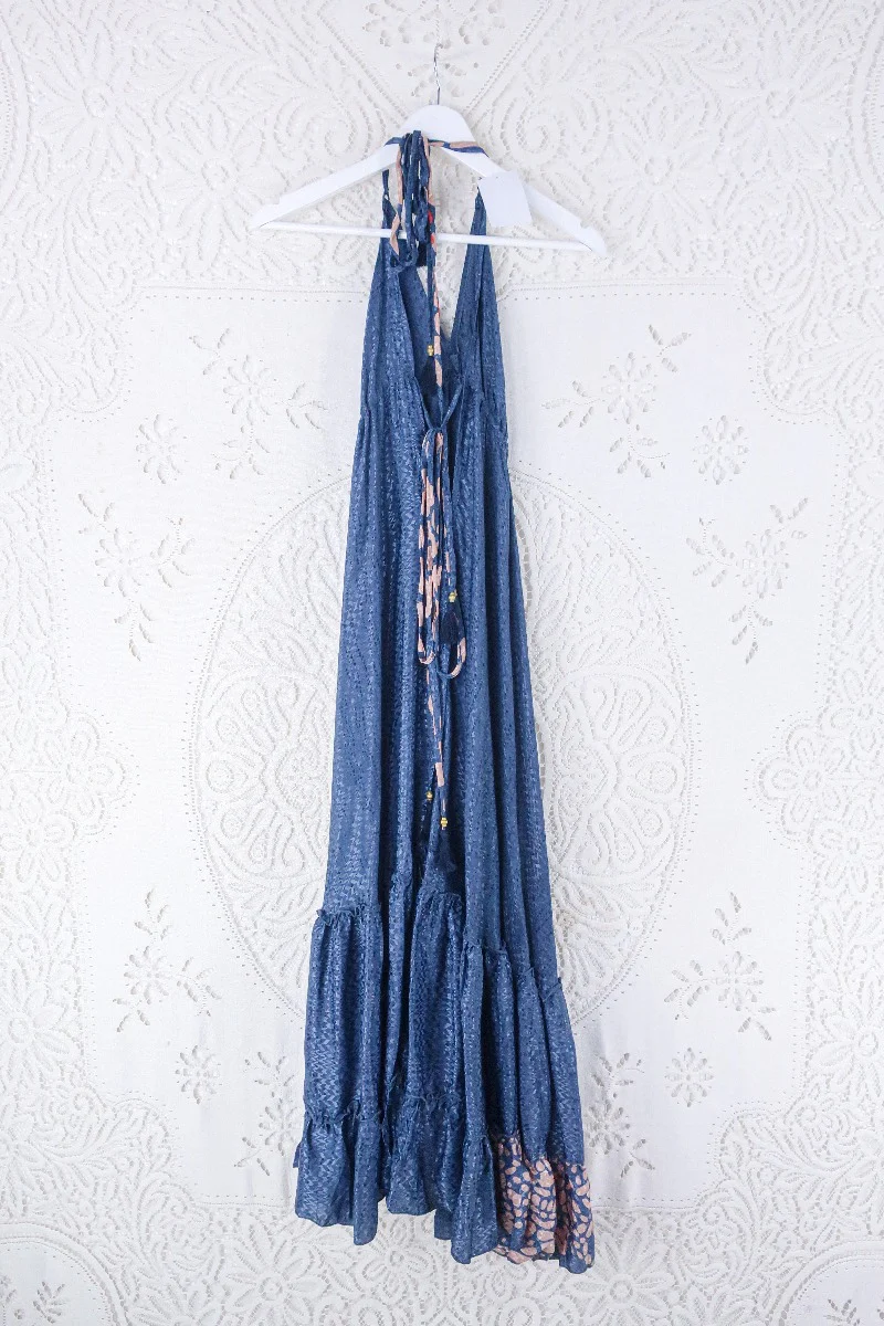 Blossom Halter Maxi Dress - Vintage Sari - Smokey Blue Shimmer - Free Size S/M - Image 3