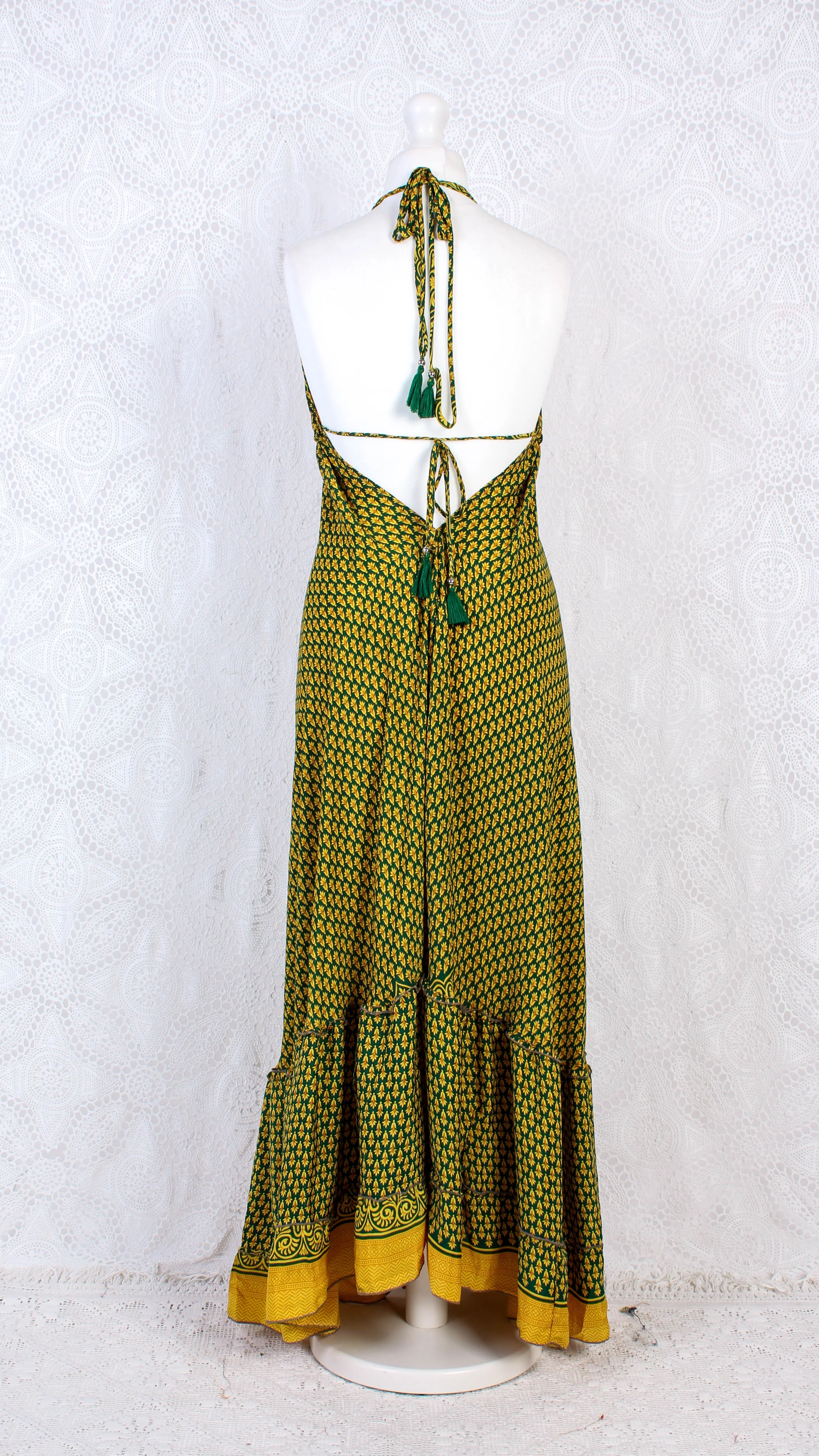 Blossom Halter-Neck Maxi Dress - Yellow & Dark Green Floral Sari (Free Size) - Image 4