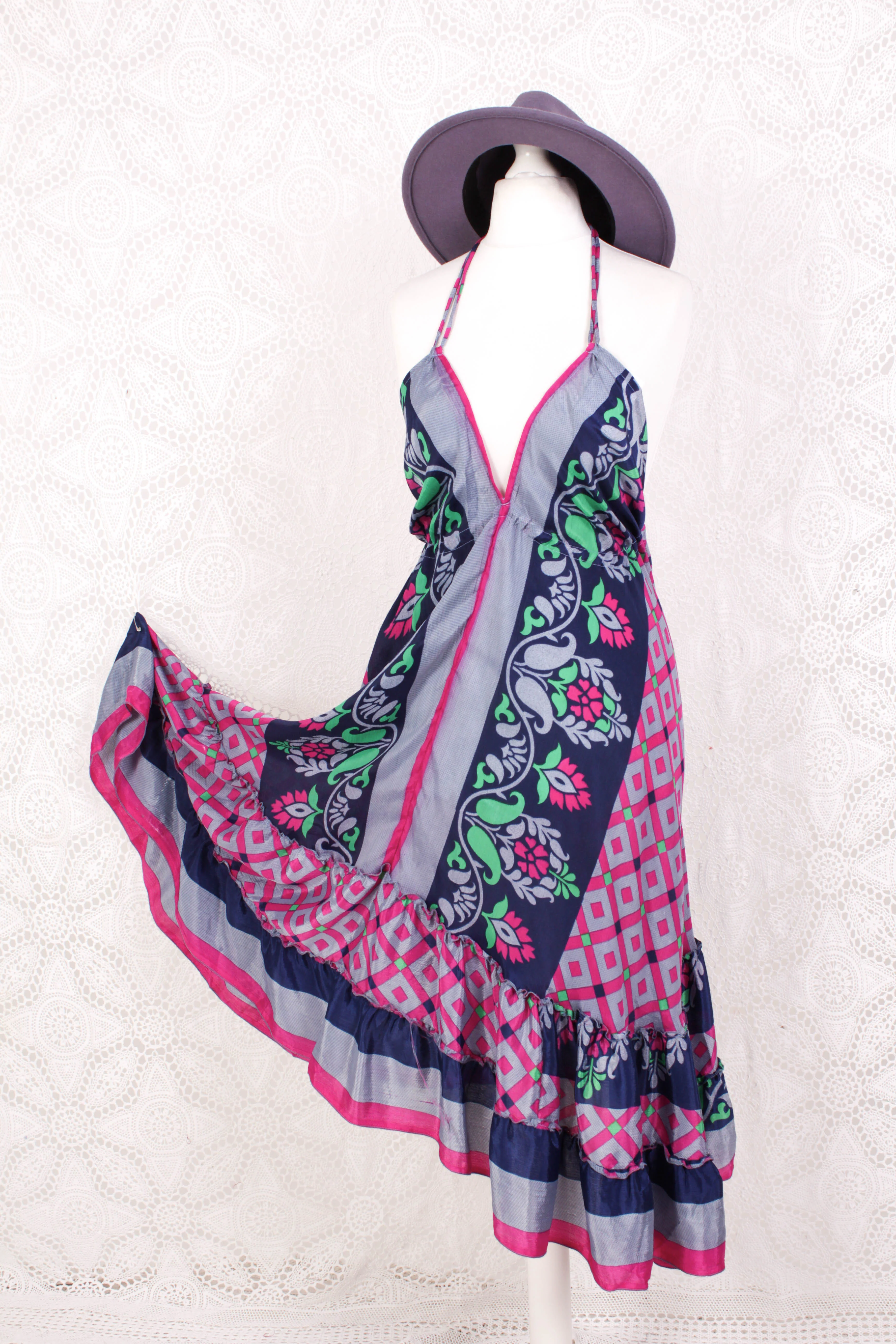Blossom Mini Halter Dress - Vintage Indian Sari - Moonlight, Inky Blue & Pink Graphic - XL