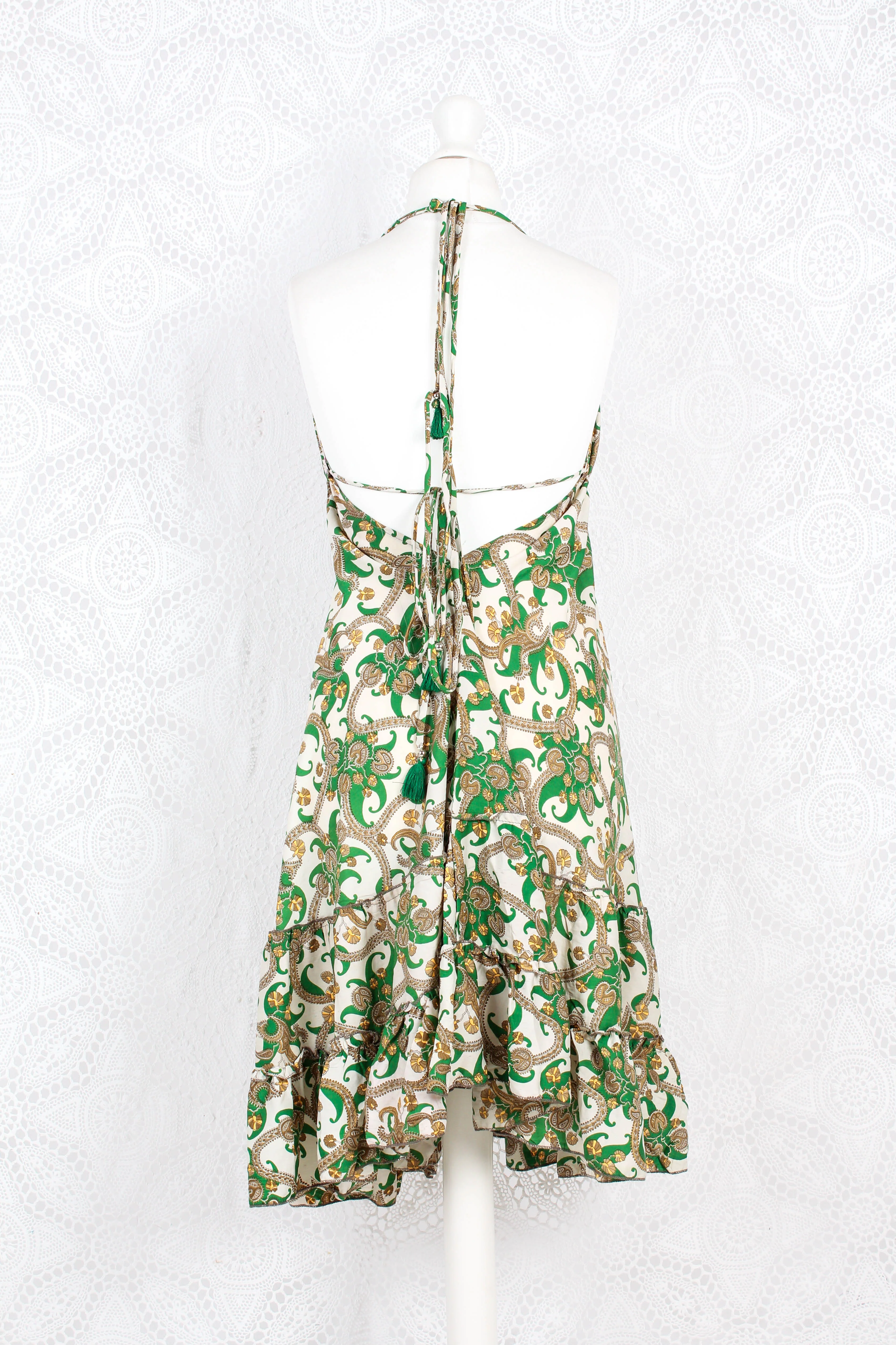 Blossom Mini Halter Dress - Vintage Indian Sari - White & Green Paisley - M/L - Image 3