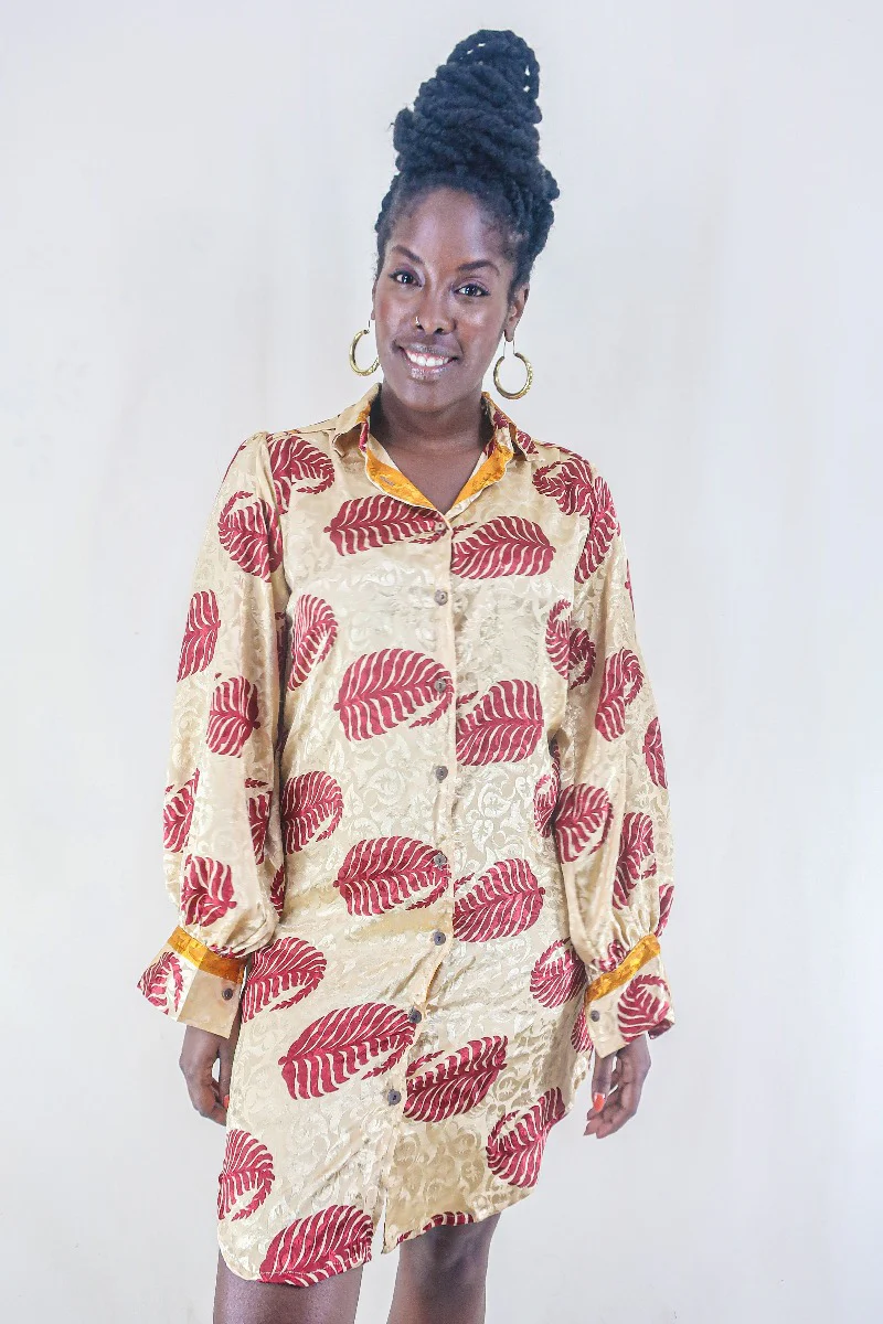 Bonnie Shirt Dress - Champagne & Ruby Ferns - Vintage Indian Sari - Free Size S/M - Image 2