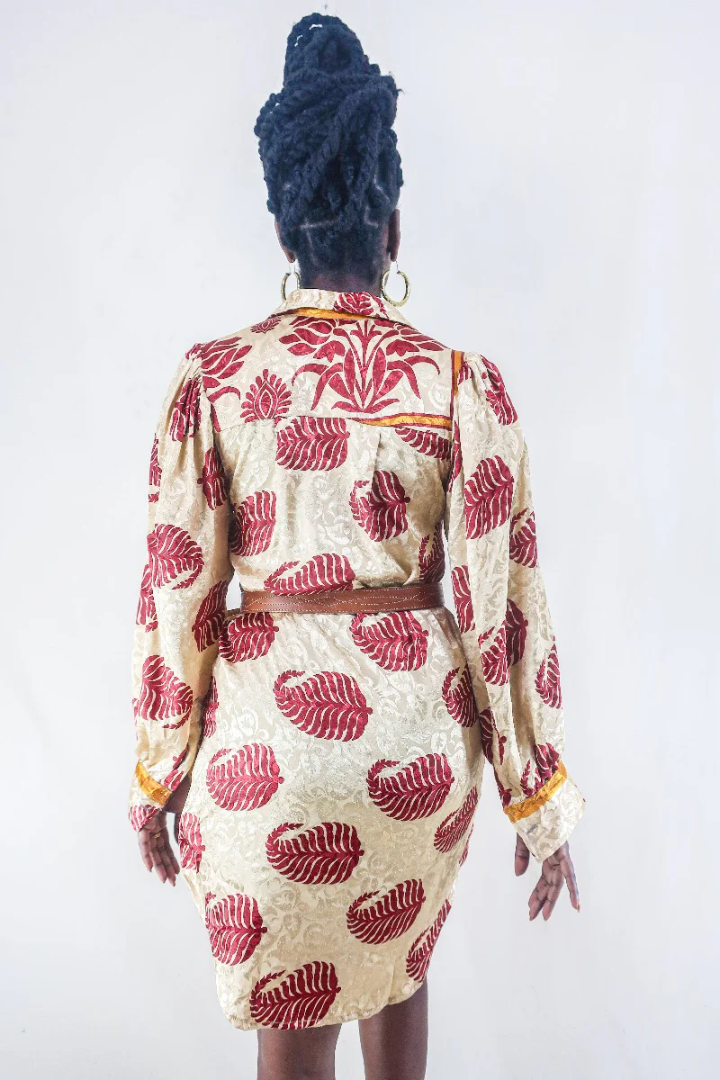 Bonnie Shirt Dress - Champagne & Ruby Ferns - Vintage Indian Sari - Free Size S/M - Image 3
