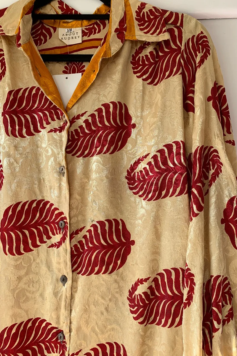 Bonnie Shirt Dress - Champagne & Ruby Ferns - Vintage Indian Sari - Free Size S/M - Image 4
