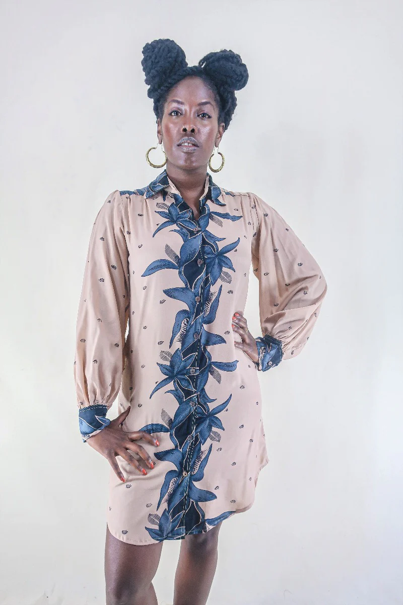 Bonnie Shirt Dress - Dusty Pink Leaves - Vintage Indian Sari - Free Size S/M - Image 2