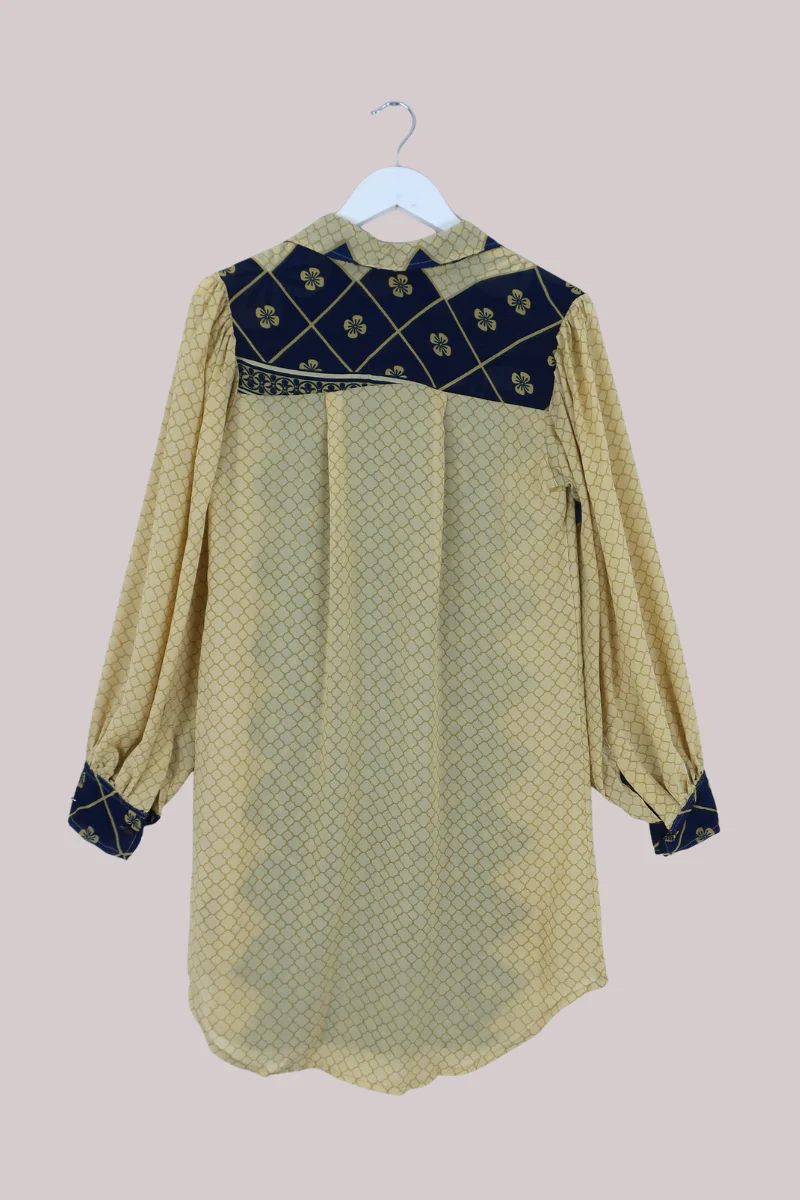 Bonnie Shirt Dress - Indigo & Cream Daisies - Vintage Indian Sari - Free Size M/L - Image 3