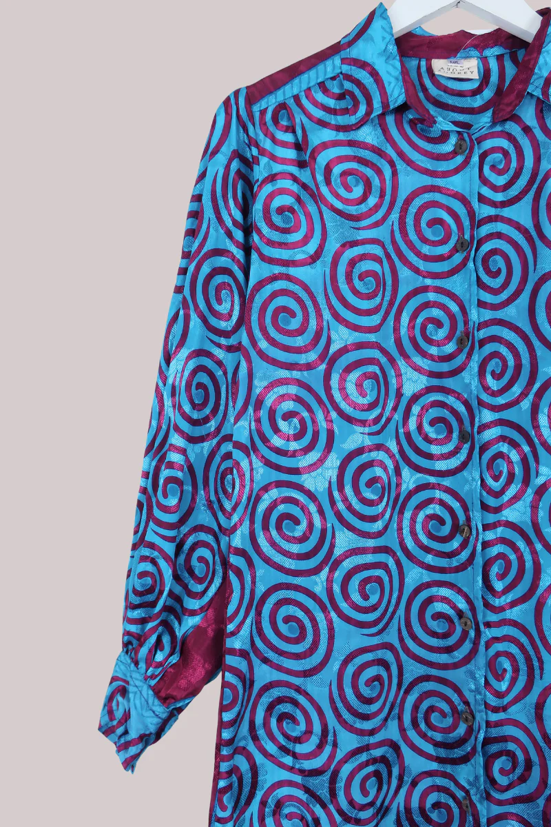 Bonnie Shirt Dress - Mulberry & Sky Swirls - Vintage Indian Sari - Free Size M/L - Image 2