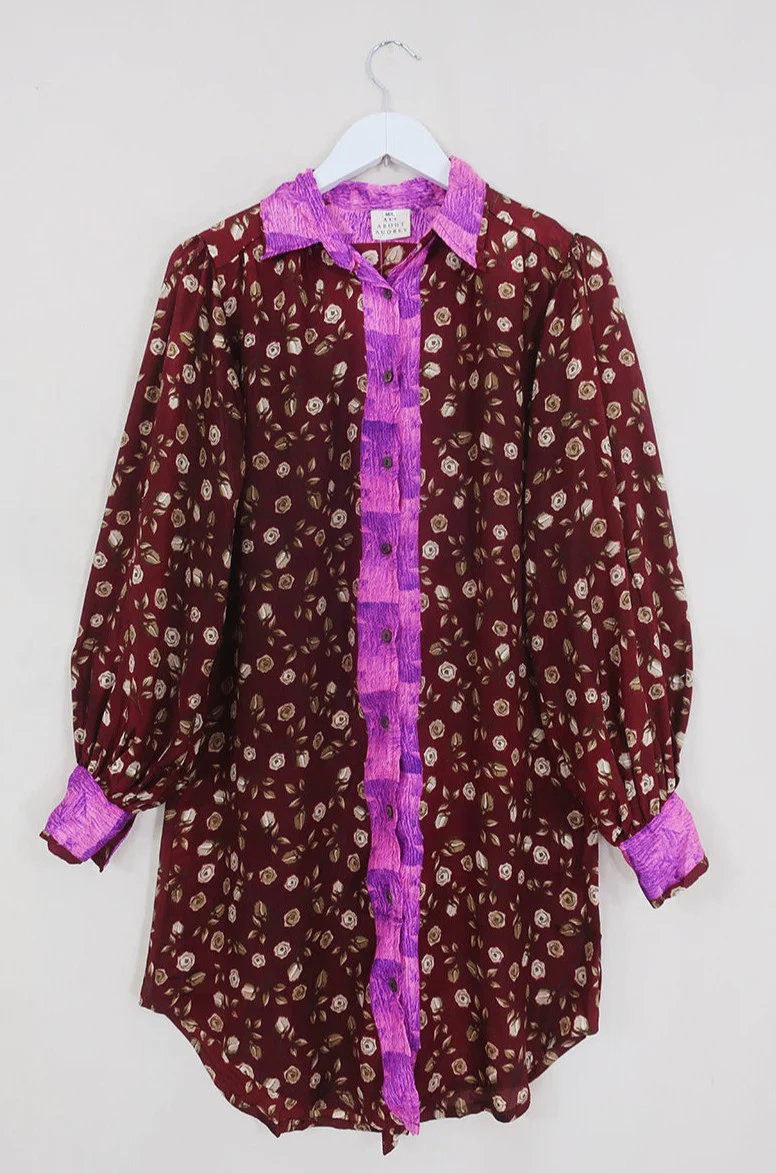 Bonnie Shirt Dress - Red Henna Roses - Vintage Indian Sari - Size M