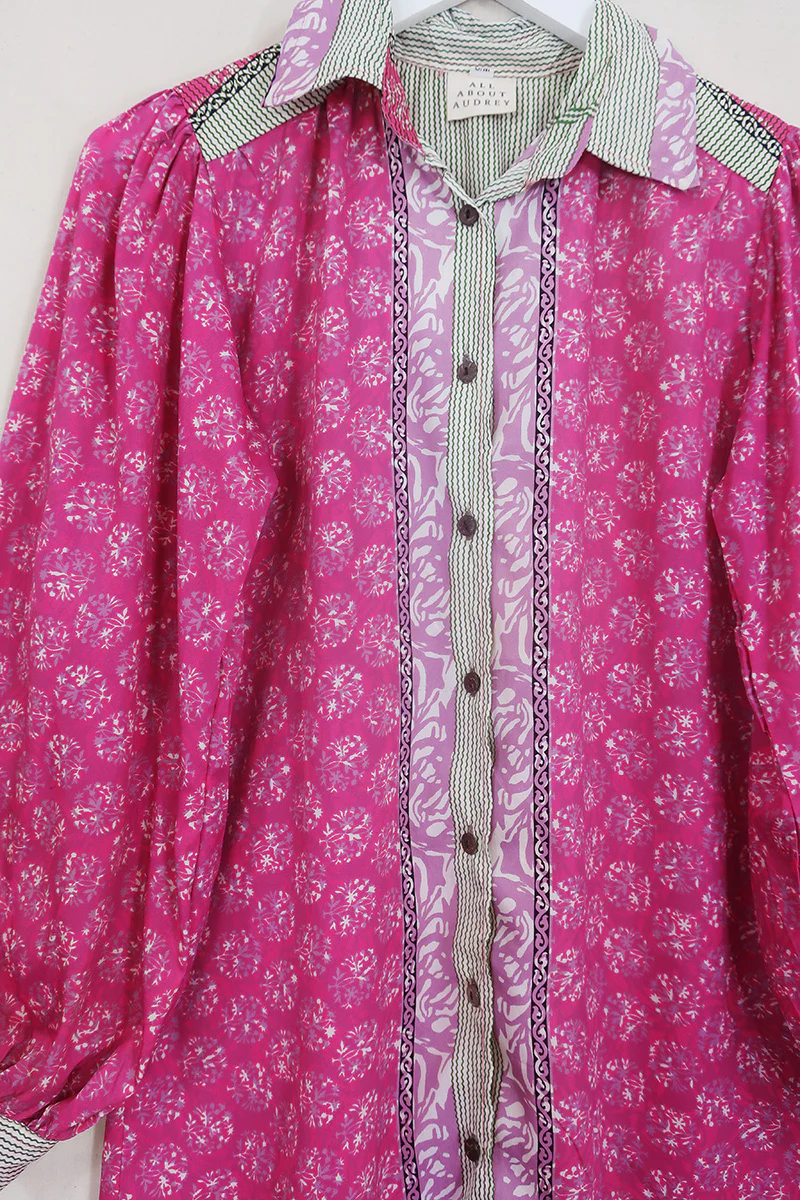 Bonnie Shirt Dress -Dotted Pink Azaleas - Vintage Indian Sari - Size S/M - Image 2